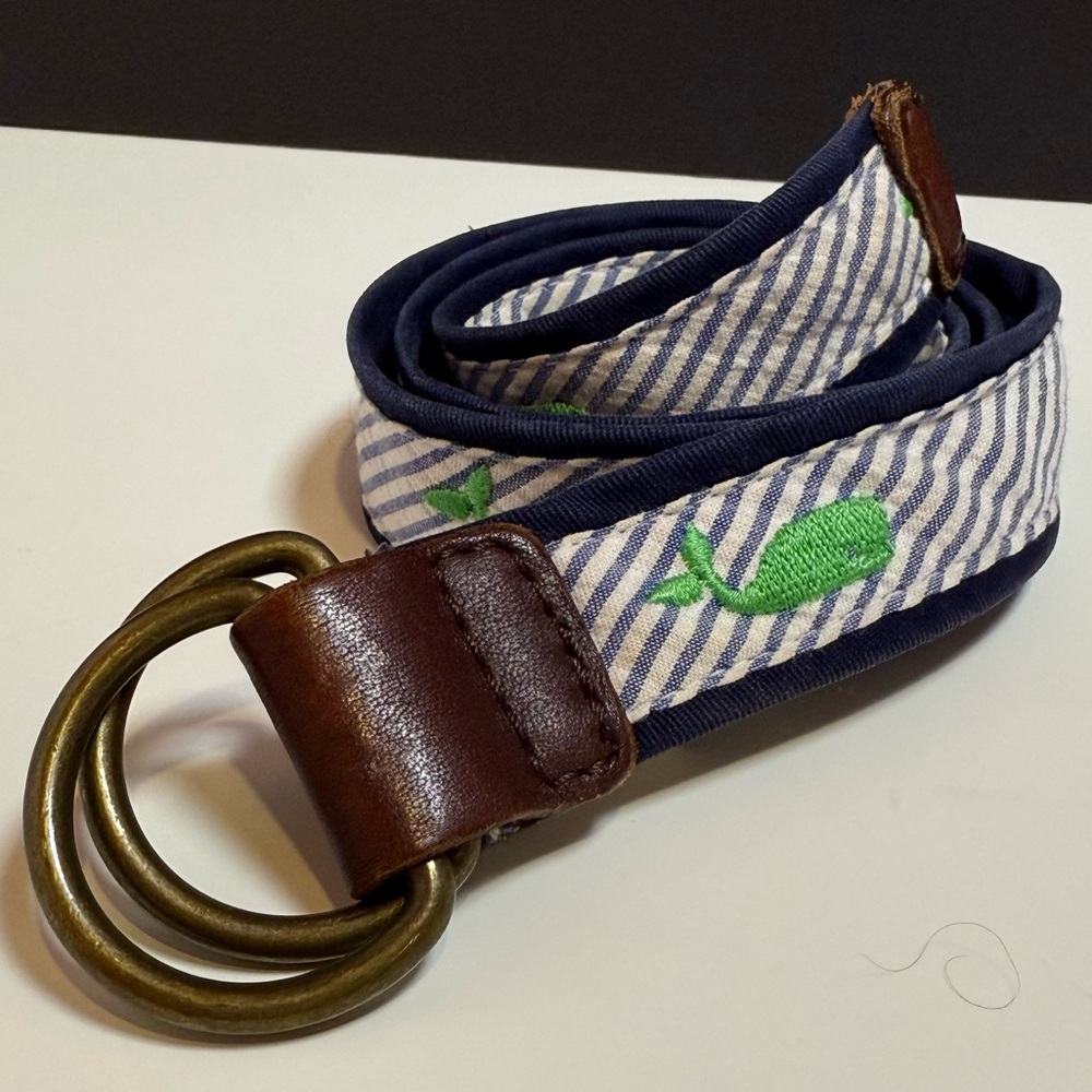 Crewcuts Seersucker and Green Embroidered Whale Striped Belt Kids 33 inches